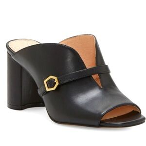 Louise et Cie Kimba Mules Black Leather 8 Block Heel Open Toe Buckle Strap